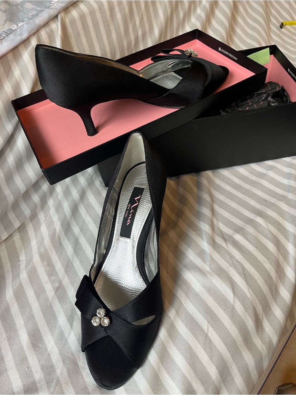 Mina Black Satin Kitten Heel Pumps with Rhinestone Accent